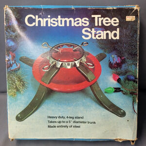 Vintage Christmas Tree Stand 4- Leg Steel Up To 5" Diameter Trunk Red Heavy Dut